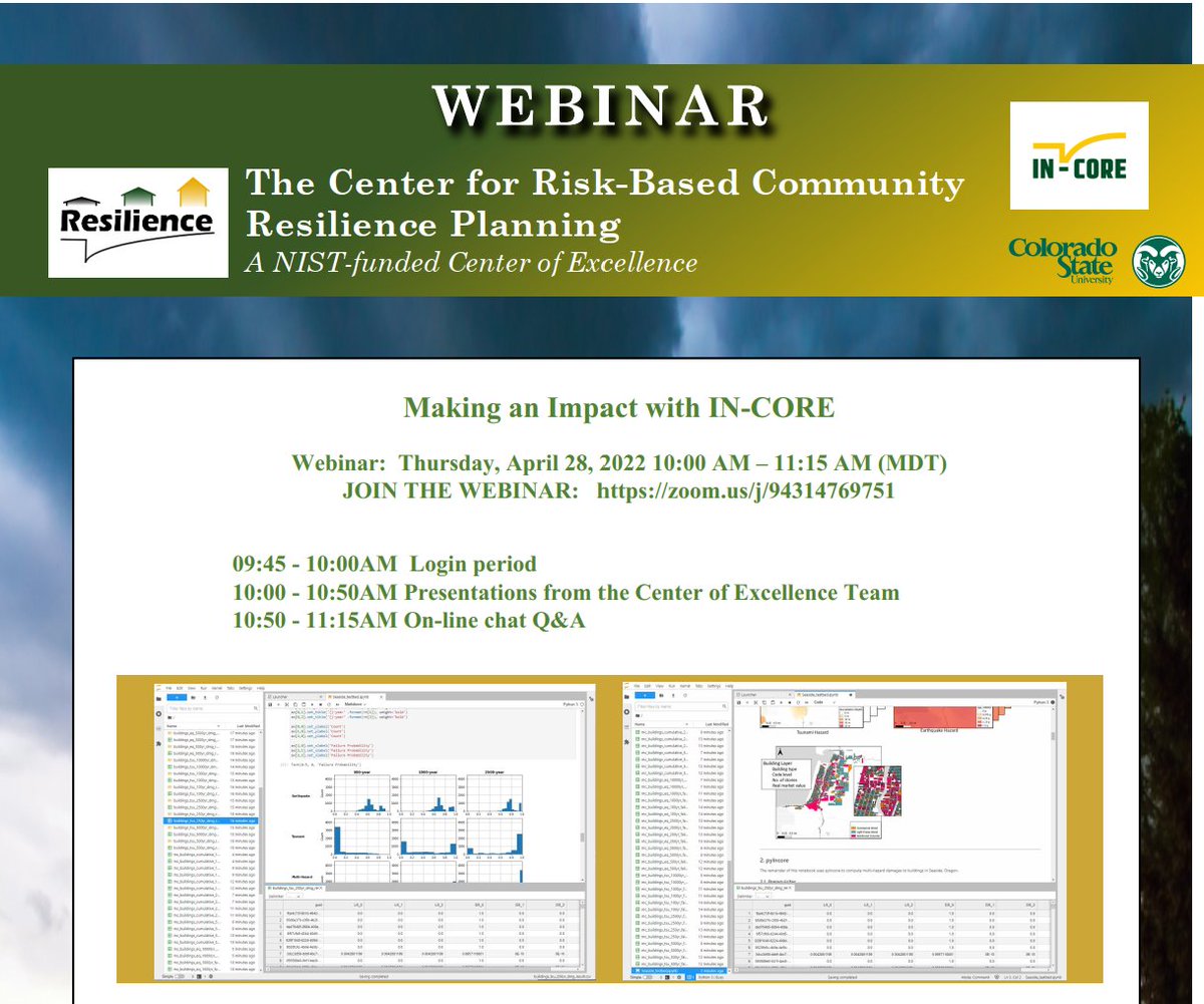 OmarNof06821260's tweet photo. We cordially invite anyone interested in community resilience planning against natural hazards to join us for the NIST) Center of Excellence for Risk-Based Community Resilience Planning Annual Webinar. This year it is entitled “Making an Impact with IN-CORE”. https://t.co/n3aq5845BI