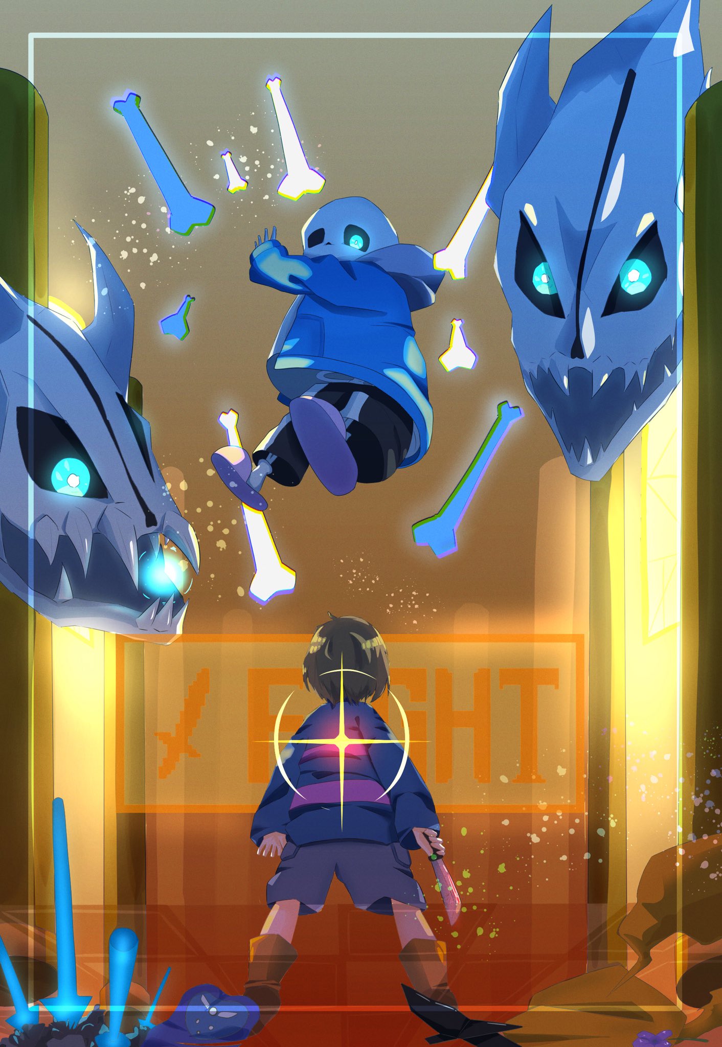 トビのゆっくり解説 Undertale ながしろ イラスト雑多 Nrinba279 ケツイがぶつかり合うサンズ Vsフリスクのイラスト フリスクのケツイの表現が上手すぎて驚きました でもそれに引けを取らないくらいサンズの圧もスゴイ でもフワッと浮い