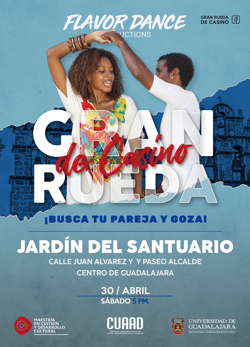 🗓 #AgendaOlinka en la Región Centro de Jalisco.

💃🏽 <a href="/mgdc_udg/">Mae Gestión Cultural</a> del <a href="/CUAAD_UdeG/">CUAAD_UdeG</a> invita a la "Gran rueda de casino", con bailes de origen africano.

📍 Sábado 30 de abril, 17 horas, en Jardín del Santuario, en el Centro de Guadalajara.

Más información: facebook.com/profile.php?id…