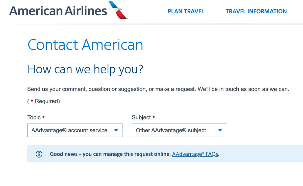 Total rubbish UX from <a href="/AmericanAir/">americanair</a> site - select “email us” for AAdvantage. no matter what option is selected, it says “good news, you can manage that online” Good news for whom? Not me, the frequent flier, certainly!