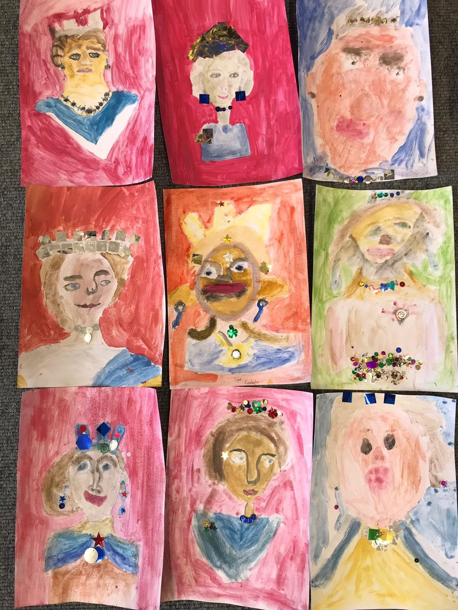 HighfieldsNG24's tweet photo. Her Majesty the Queen as you've never seen her before. REALLY stunning portraits to mark our monarch's birthday by pupils in Form 4 @RoyalFamily @HeadNewark #PlatinumJubilee https://t.co/HXnZlUa4z8