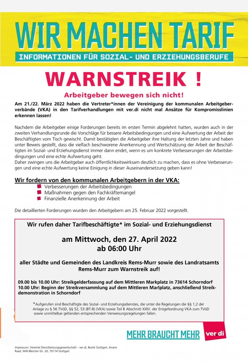 verdi_rems_murr's tweet photo. Ohne Streik wird sich nichts verändern! Am 27.04.2022 geht's zum #WARNSTREIK der Beschäftigten im #SauE des Landkreis #RemsMurr nach #Schorndorf
Wir kämpfen bis ihr uns ernst nehmt und uns ein Angebot vorlegt!
#MehrBrauchtMehr #twkita #TarifrundeSuE #wirsindverdi https://t.co/KrSoFY1Mr4