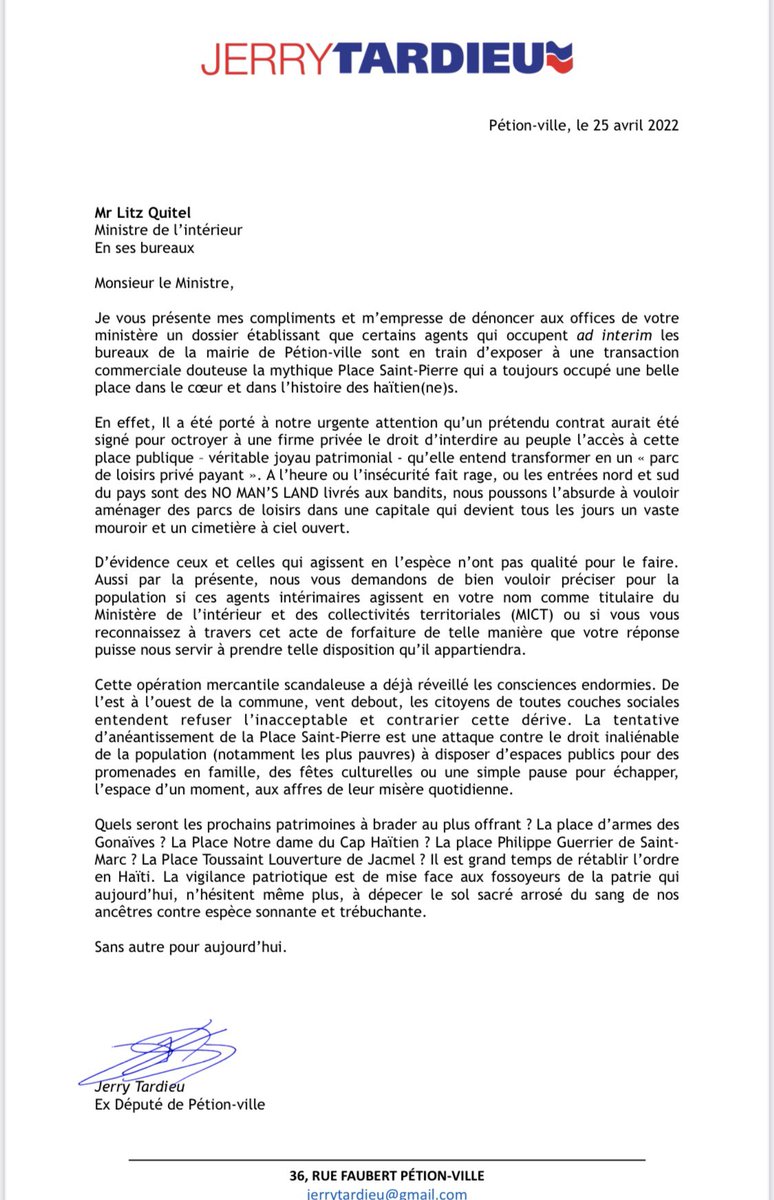 JerryTardieu's tweet photo. Après la place St-pierre,quels seront les prochains patrimoines à brader? La place des Gonaïves? Le champ de mars ? Il est temps de rétablir l’ordre en Haïti. Vigilance patriotique face à ceux qui veulent dépecer le sol sacré d’haiti contre espèce sonnante et trébuchante ! https://t.co/igIJT00awd