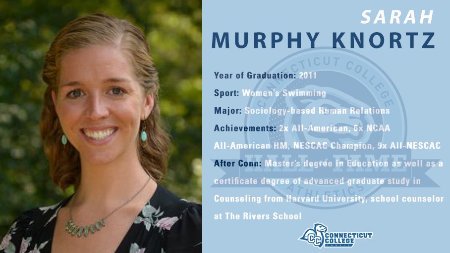 CamelAthletics's tweet photo. The Camel Athletics HOF ceremony will take place on Saturday, April 30. Leading up to the event, we will preview all 8️⃣ inductees from the class of '19 and '20.

Today, is 2x All-American and NESCAC Champion for @CONNswimteam, Sarah Murphy Knortz! Once a Camel, always a Camel! 🐪 https://t.co/fkSK05GqoO