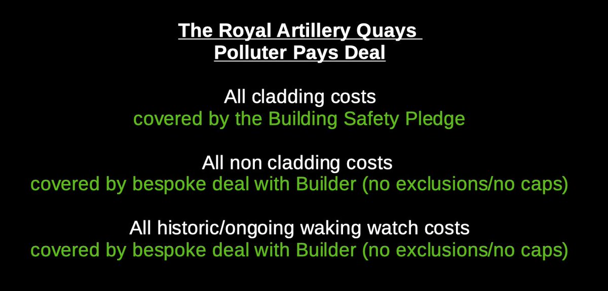 raq_residents's tweet photo. (EVERYONE DESERVES THIS DEAL)  Everyone caught up in the #BuildingSafetyCrisis deserves the below #PolluterPays deal we negotiated at Royal Artillery Quays for THEIR development.

Whether your builder exists (direct) or doesn't (levy) recovery. 

#housingmarket #Parliament https://t.co/oFAJYxLfRm