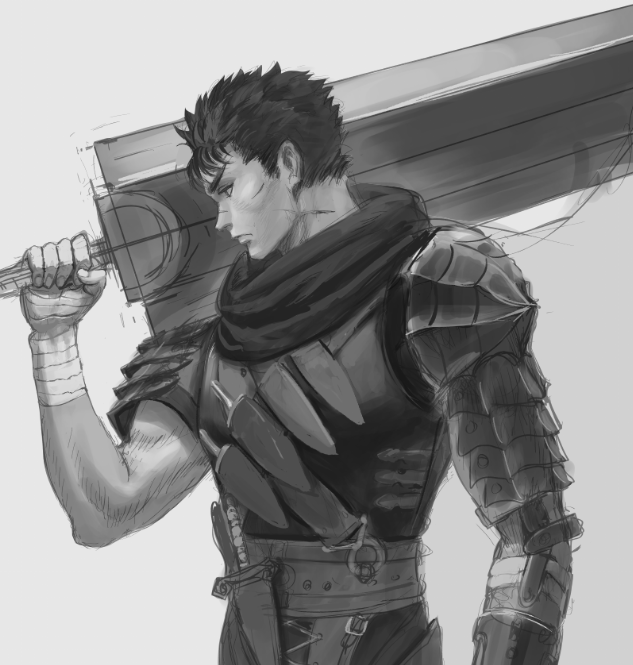 guts (berserk) weapon 1boy greyscale male focus monochrome sword armor  illustration images