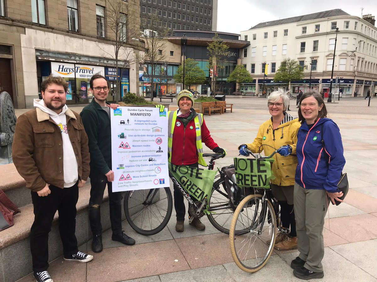 DundeeGreens's tweet photo. @dundeecycling today launched their manifesto to get the city wheeling to a better future. We're delighted to endorse it and proud to have been there. #firstvotegreen on 5th May for a safe place to move around in! https://t.co/TsNQIVT6Wf