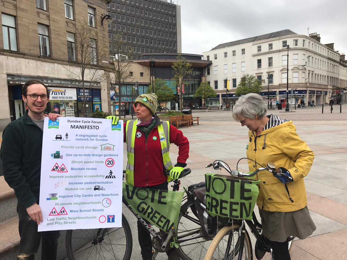 DundeeGreens's tweet photo. @dundeecycling today launched their manifesto to get the city wheeling to a better future. We're delighted to endorse it and proud to have been there. #firstvotegreen on 5th May for a safe place to move around in! https://t.co/TsNQIVT6Wf