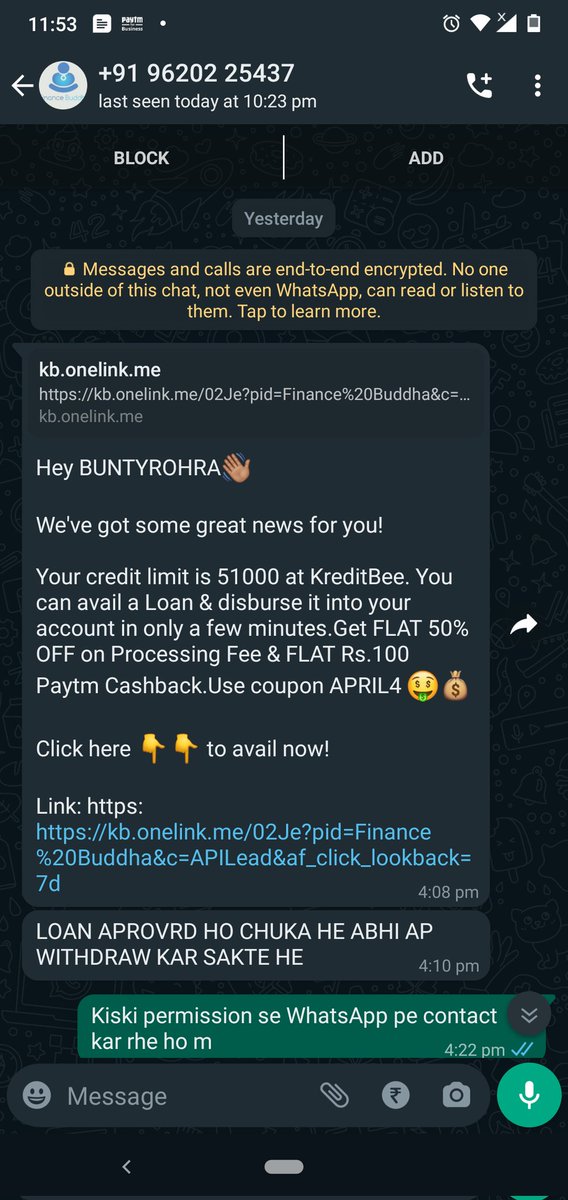 BuntyRohra's tweet photo. @kreditbee 
Clear evidence that our personal details are not safe with you. So many times I requested to not call me but you only gave false assurity. #privacymatters https://t.co/ET73pZk9i9