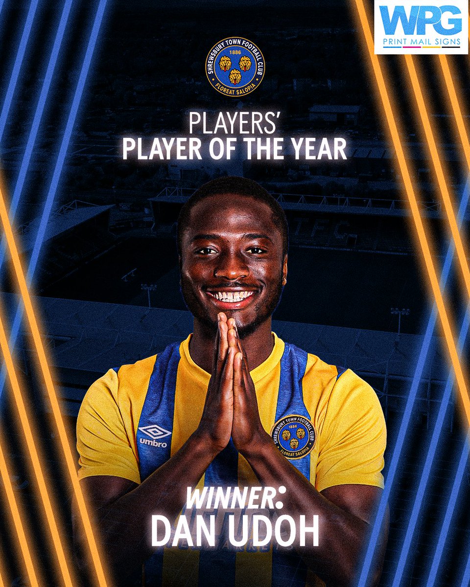 shrewsburytown's tweet photo. 🏆 The Players' Player of the Year Award goes to Dan Udoh! 

🔷🔶 #Salop https://t.co/G7zCXYHRy6