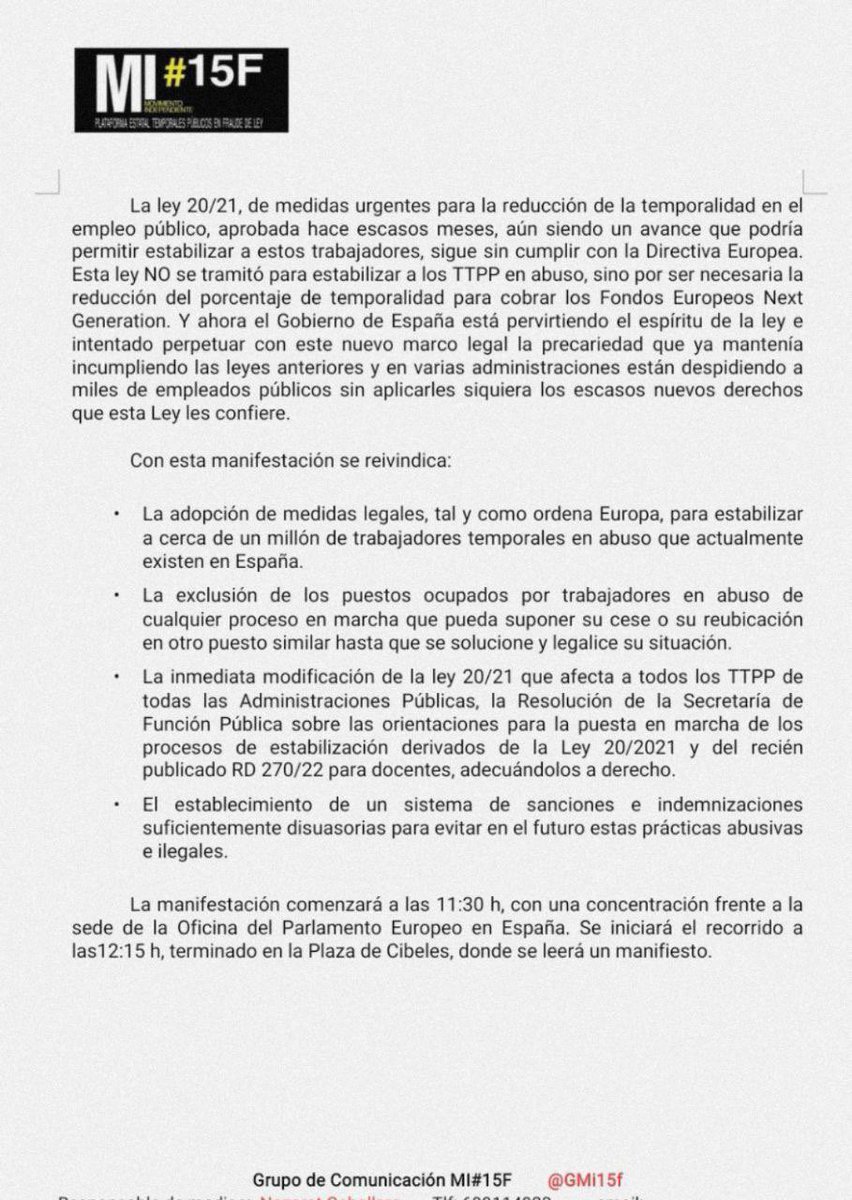 🚨NOTA DE PRENSA🚨
🌑MANIFESTACIÓN ESTATAL MADRID 7 DE MAYO🌕
‼️CONTRA EL ABUSO DE TEMPORALIDAD EN ADMON PÚBLICAS‼️
⛔ESPAÑA INCUMPLE NORMATIVA EUROPEA
⚠️TEMPORALES ABUSADOS ENGROSARÁN EL PARO INJUSTAMENTE
<a href="/iescolar/">Ignacio Escolar</a> <a href="/PepaBueno/">Pepa Bueno</a> <a href="/pardodevera/">.</a> <a href="/rtve/">RTVE</a> <a href="/el_pais/">EL PAÍS</a> <a href="/eduardoinda/">Eduardo Inda</a>  
#FijezaYa