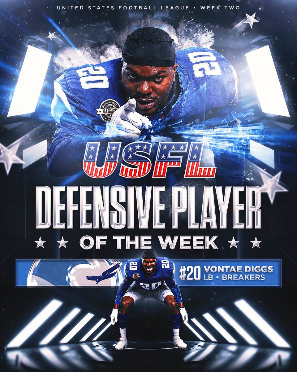UFLonFOX's tweet photo. The Breakers D keeps racking up Defensive Player of the Week W’s‼️

@Diggsy13 is your Week 2 Defensive Player of the Week 🌊👏 https://t.co/AjDJ2q4xDm