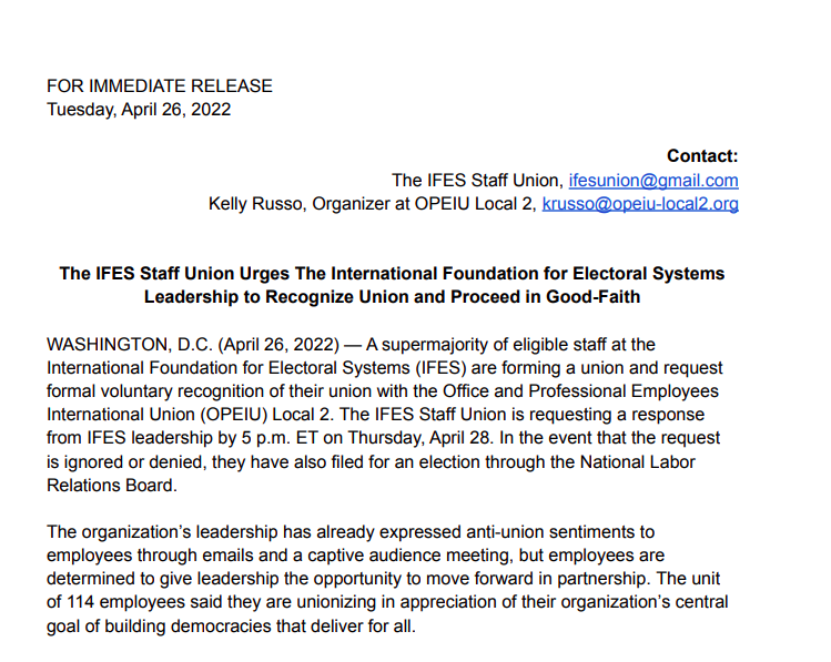 IFESUnion's tweet photo. NEW: The IFES Staff Union encourages @IFES1987 to act in good faith and recognize our union. Read the full press release here: https://t.co/ktdjePlmx6 https://t.co/XfRrOStXCO