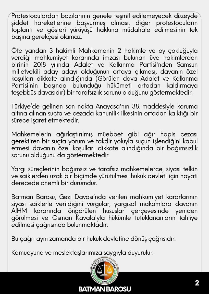 Osman Kavala ve Gezi Davası’ndaki mahkumiyetlere ilişkin basın açıklamamız: 

Hukuk Devletine Dönüş Çağrısı!