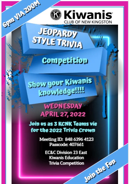 Join the KCNK on Wednesday, April 27, 2022, for their Jeopardy Style Trivia Competition. It promises to be an evening of Fun and Excitement.