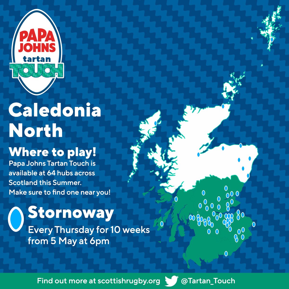 Papa Johns Tartan Touch is coming back to Stornoway. For 10 weeks, every Thursday from 5th May. Get your passes: Summer pass eventbrite.co.uk/e/papa-johns-t…               Single Pass eventbrite.co.uk/e/papa-johns-t…