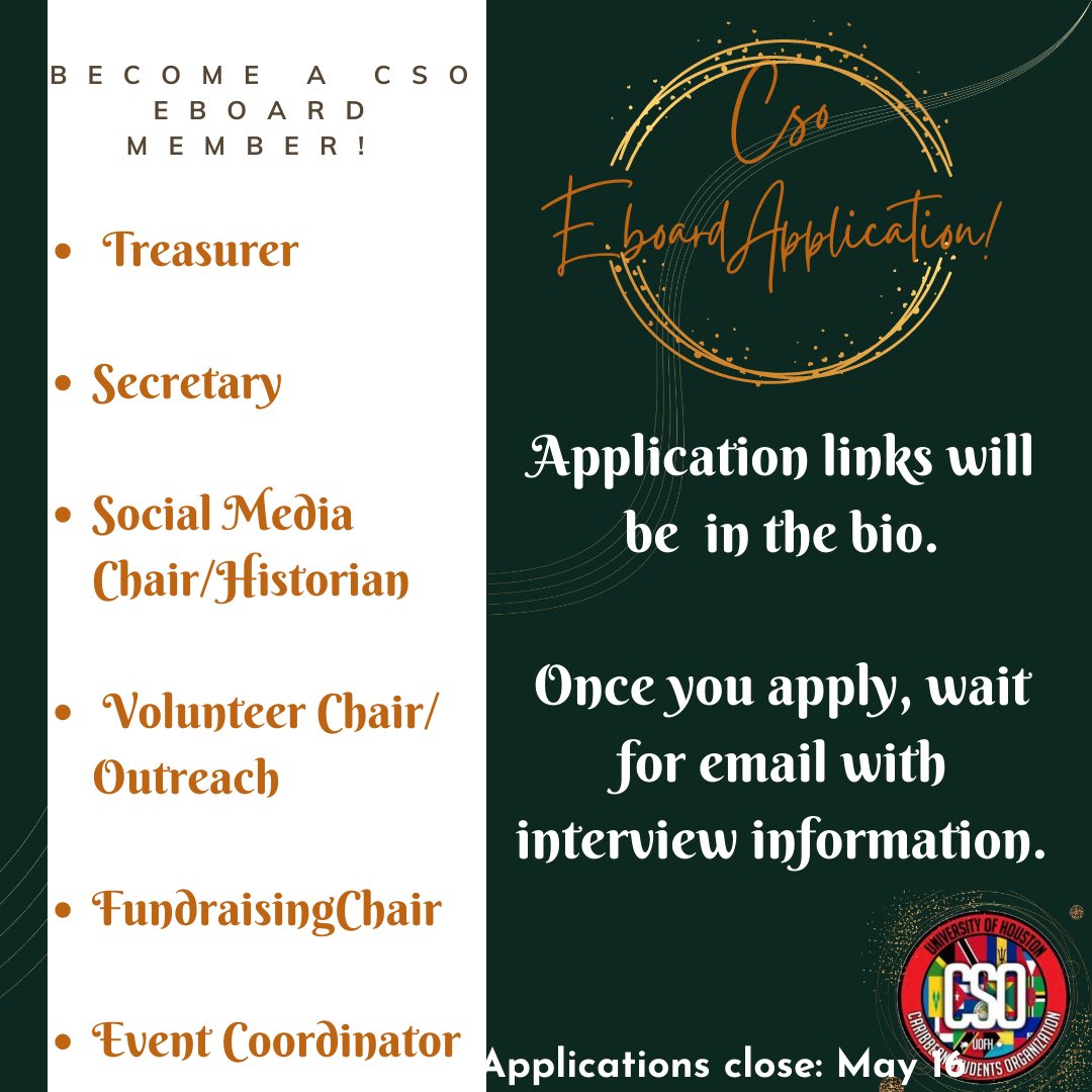 Join the team! 

Applications have just opened up to join CSO’s Eboard. 

This is a résumé builder experience as well a way to build new connections! 

The link to the application will be in the bio. 

Applications close on May 16th.