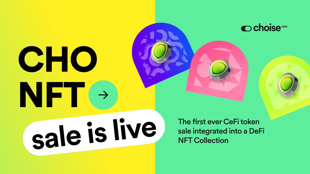 🔥$CHO NFT sale is live🔥

The first-ever CeFi token sale packed into a DeFi NFT Collection in crypto-history! Extra bonuses are hidden in the NFTs 

💰 Minting price: 0.41 BNB
📦 1 NFT pack = 1500 CHO (approx $0.11 per CHO)
👉 Place: choise.com/nft?utm_source…

#CHOMETAFI #IDO #NFT