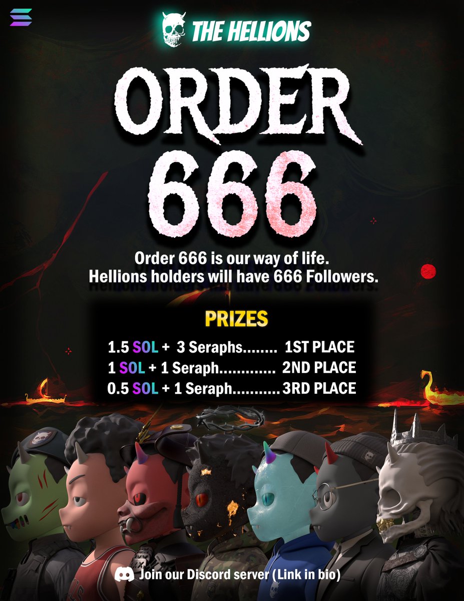 Order 666 is our way of 
Hellions holders will have 666 Followers. 
To encourage you to show your support of each other and our great project we have some great prizes for our holders who follow each other 
#order666 #NFTcommunitiy #NFT #SolanaNFTs