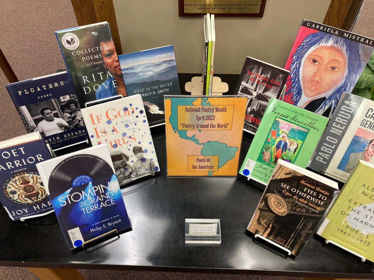 gustavuslibrary's tweet photo. We're wrapping up National Poetry Month, where we've featured three displays with our theme, "Poetry Around the World."  Last but not least: Poets of the Americas! https://t.co/J78EkKLNyz