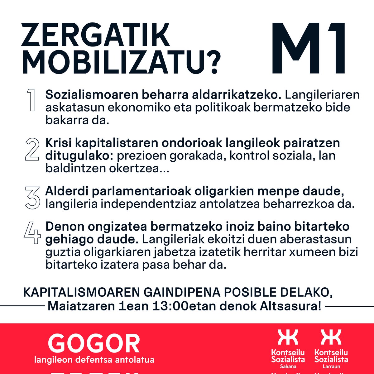 Maiatzak 1 mobilizazio eguna!

13:00etan Altsasuko Foruen Plazatik.

18:00etan Iruñeko San Frantzisko Plazatik.

ZERGATIK MOBILIZATU? 👇