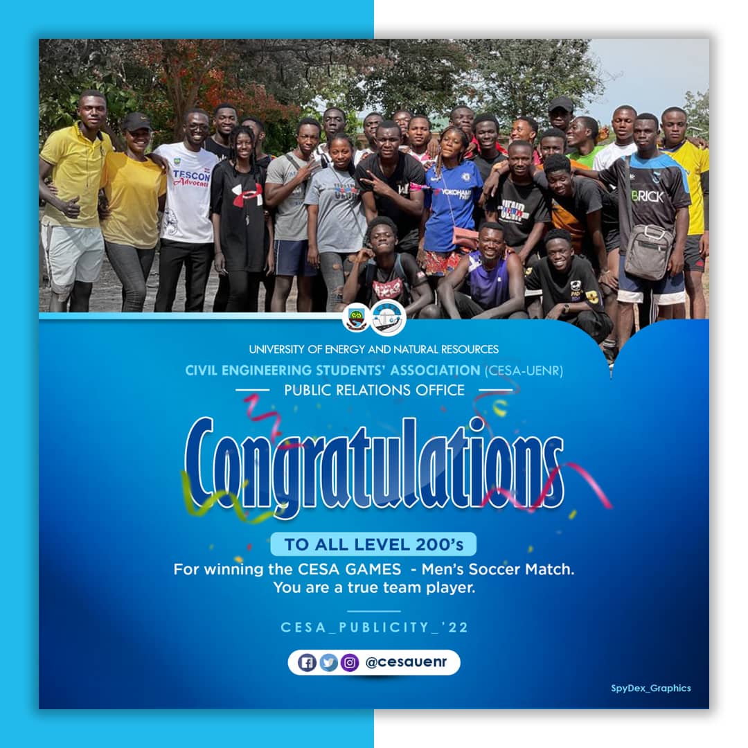 cesauenr's tweet photo. Congratulations🏆 to all Level 200s
For winning 🥳the CESA GAMES - Men's Soccer⚽ Match.
〰️〰️〰️〰️〰️〰️〰️〰️〰️
#CESAUENR
#CESA_Programmes
#CESA_Games
#Strength_in_numbers
#PR_Release
#CESA_Publicity_22
〰️〰️〰️〰️〰️〰️〰️〰️〰️
Norshie Derrick
CESA P.R.O✍🏻 https://t.co/h4jjtqjEkQ