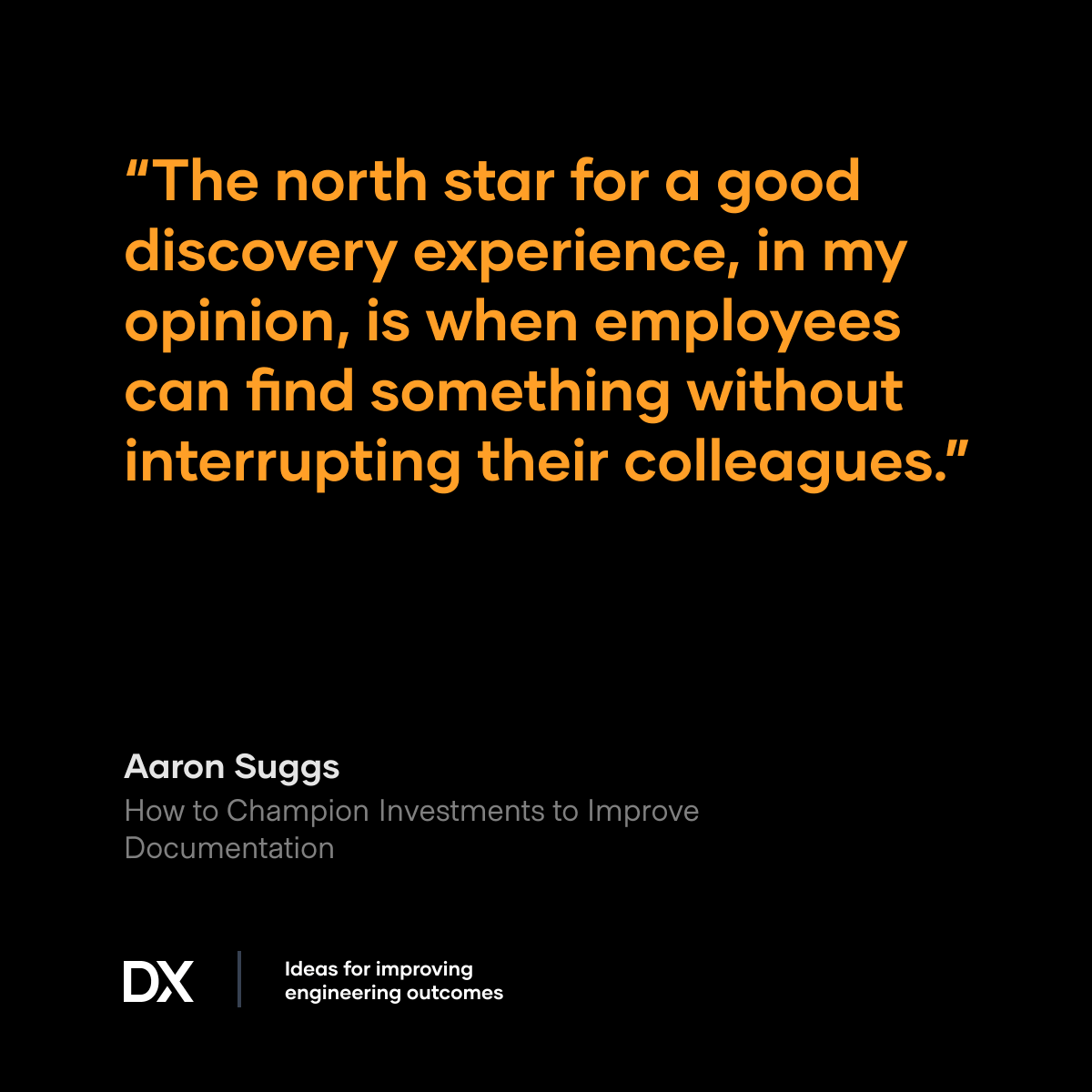 DX (@developerxm) on Twitter photo Two areas to consider when improving internal documentation: the authoring experience and discovery experience.
Authoring & maintaining docs should be as low-friction as possible. Documentation should also have some navigation structure and be easily searchable.
— <a href="/ktheory/">Aaron Suggs</a> Two areas to consider when improving internal documentation: the authoring experience and discovery experience.
Authoring & maintaining docs should be as low-friction as possible. Documentation should also have some navigation structure and be easily searchable.
— <a href="/ktheory/">Aaron Suggs</a>