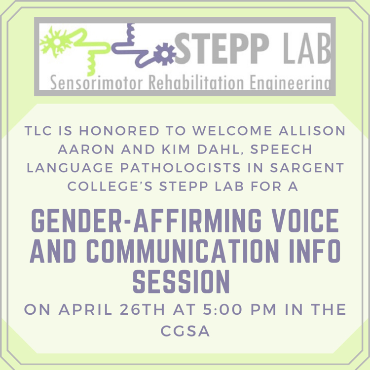 TONIGHT: Stepp Lab members @AllisonAaron11 and <a href="/kimberlydahl/">kimberlydahl</a> are leading a #gender affirming #voice and communication info session with the Trans Listening Circle <a href="/BUCGSA/">BU CGSA</a>