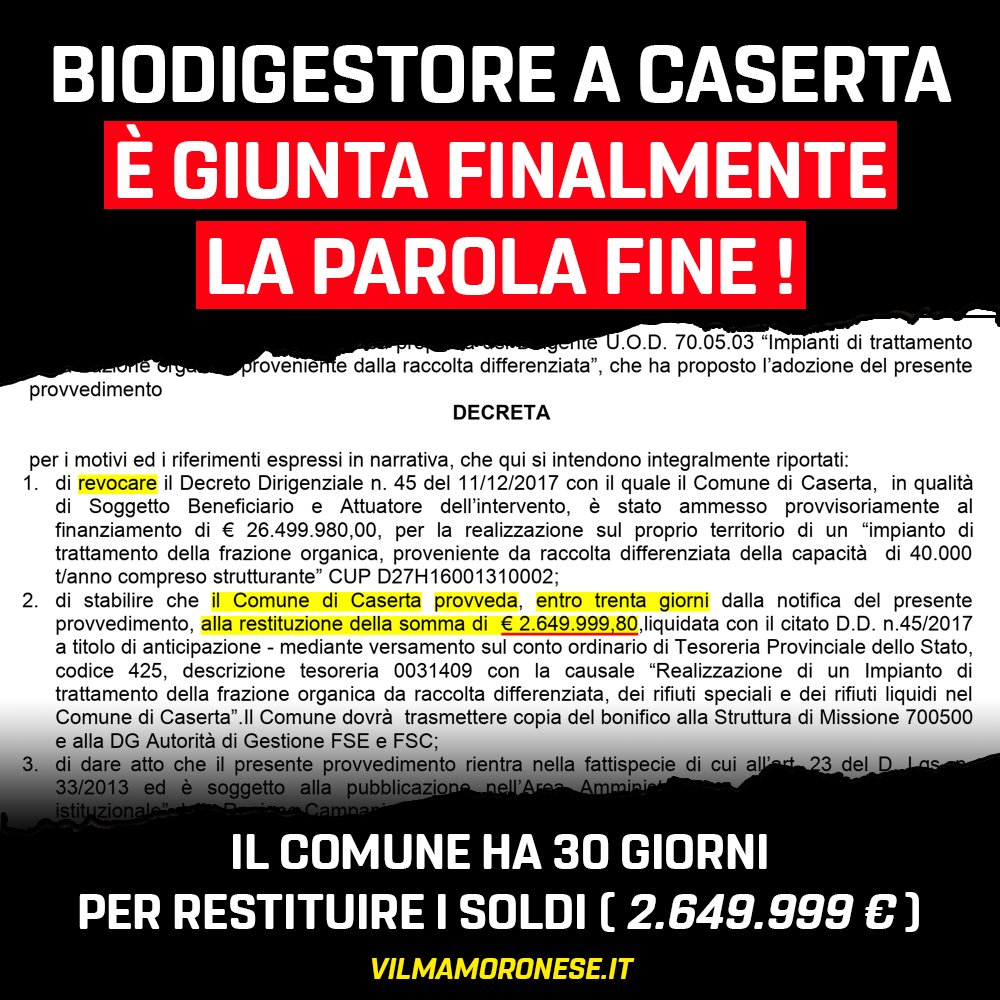 Dopo 4 interrogazioni e una denuncia in Procura, la Regione Campania oggi con la pubblicazione del Decreto Dirigenziale n°21, ha messo nero su bianco il fallimento totale delle politiche sui #rifiuti del Comune di #Caserta facebook.com/vilmamoronese.… #biodigestore