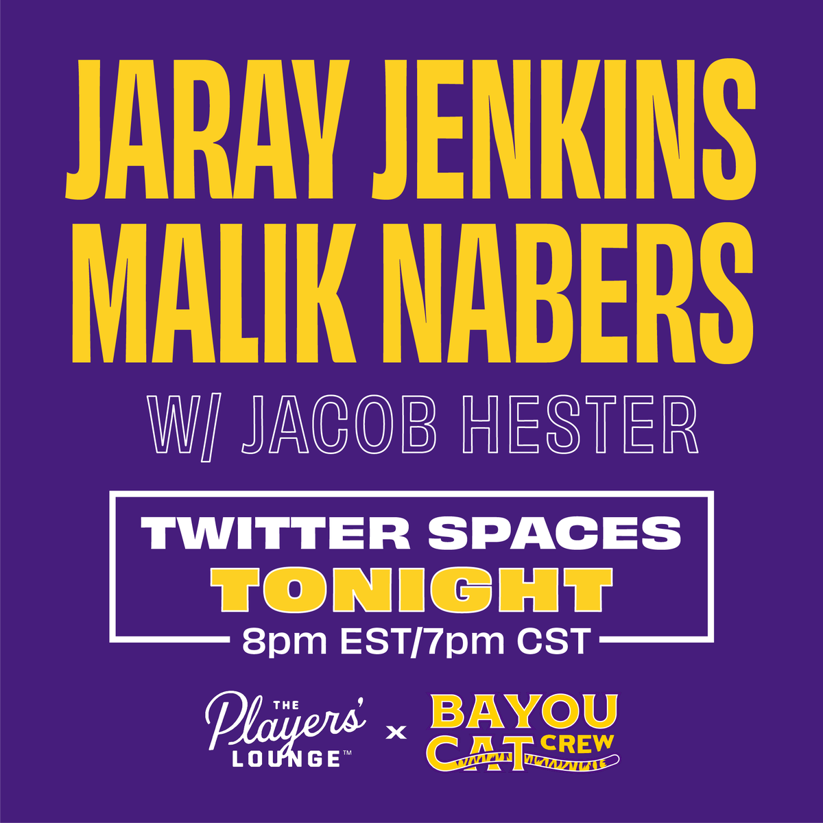 ThPlayersLounge's tweet photo. Join our @BayouCatCrew Twitter Spaces TONIGHT! 

Hosted by @JacobHester18 on his Twitter account, listen in as he chats with @JenkinsJaray  &amp; @whyguard13  🐅  

📍8pm EST/7pm CST

#TPL #NIL #BayouCatCrew #GeauxTigers https://t.co/inkNVOPBfD