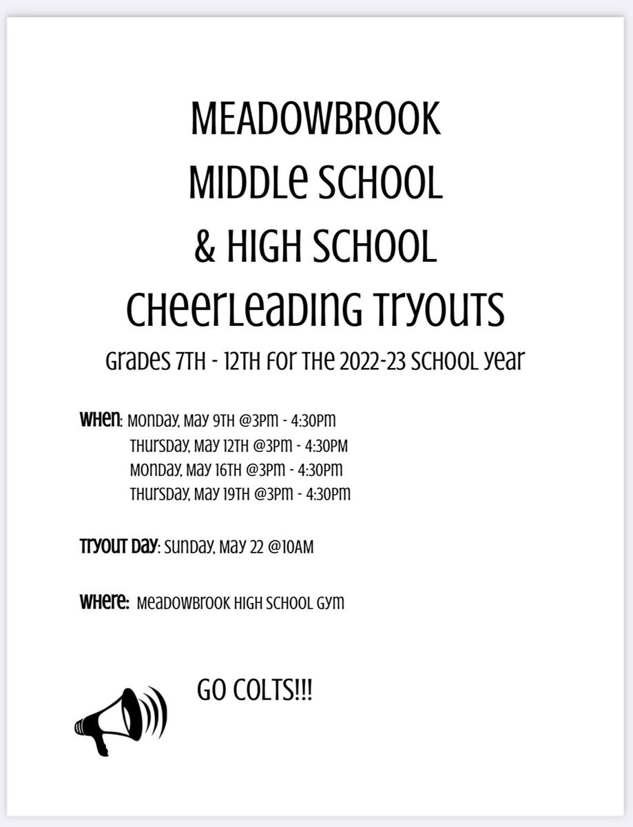 Meadowbrook Cheer (@cheer_colts) on Twitter photo The announcement we’ve all been waiting for..CHEER TRYOUTS!! Below are the tryout practice dates/times and the day of actual tryouts.
If you have any questions or concerns please contact Coach Ally at allyson.neff@rollinghills.k12.oh.us. <a href="/RHLSD_Colts/">Rolling Hills Local</a> <a href="/Colt_Athletics/">Meadowbrook Athletics</a> <a href="/MMS_Colts/">MMSColts</a> The announcement we’ve all been waiting for..CHEER TRYOUTS!! Below are the tryout practice dates/times and the day of actual tryouts.
If you have any questions or concerns please contact Coach Ally at allyson.neff@rollinghills.k12.oh.us. <a href="/RHLSD_Colts/">Rolling Hills Local</a> <a href="/Colt_Athletics/">Meadowbrook Athletics</a> <a href="/MMS_Colts/">MMSColts</a>