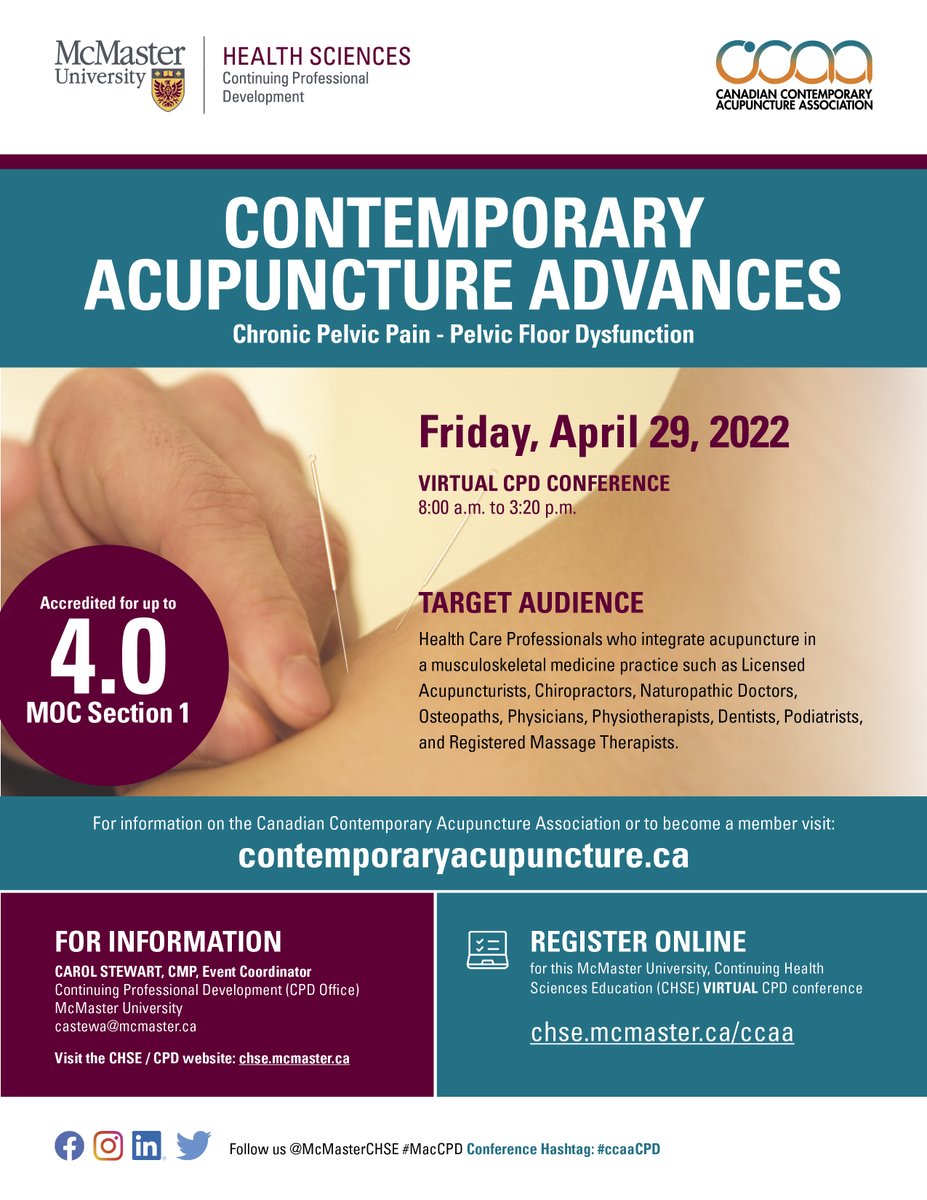 McMasterCPD's tweet photo. Only a few days left to register!
Attend Contemporary Acupuncture Advances 2022 #CCAACPD virtually this Fri, April 29 and earn up to 4.0 MOC Section 1! 
REGISTER + view the details https://t.co/Mmf3KgOSte 
@drohson1 @_lauranguyen @DrMikePrebeg https://t.co/c0Kohy4gMp