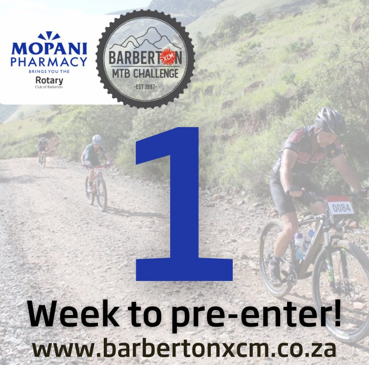 Only 1 week left to pre-enter for the #Barbertonxcm - support local, independent races &amp; support a town &amp; community. Enter now at barbertonxcm.co.za #daisywarrior  <a href="/SAmarathonMTB/">SA Marathon MTB</a>  <a href="/MtbApp/">MtbApp</a>  <a href="/BosmanCarel/">Carel Bosman</a> <a href="/psgcycling/">PSG cycling</a> <a href="/tzaneencycling/">Tzaneen cycling</a> <a href="/Bellscycling1/">Bellscycling</a> <a href="/Mtb_66/">Hendre Visser🇿🇦</a> <a href="/bikehubber/">Bike Hub</a>