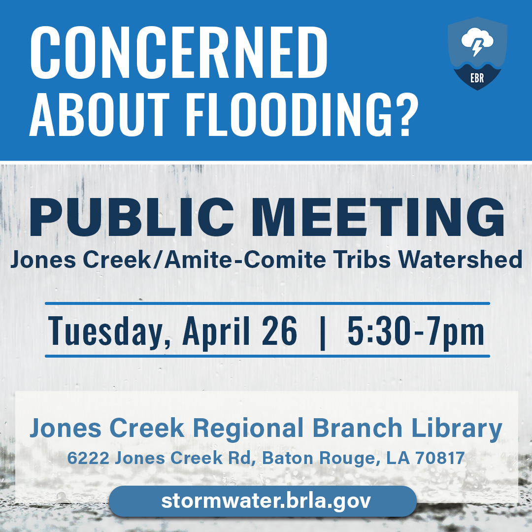 Live in the following neighborhoods?
Forest Oaks, Windsor Place, Sherwood Forest,
Broadmoor, Jones Creek, Centurion, Shenandoah.

Your public meeting is TONIGHT at the Jones Creek Regional Branch Library!

#EBRstormwater​ #eastbatonrouge #stormwater #drainage