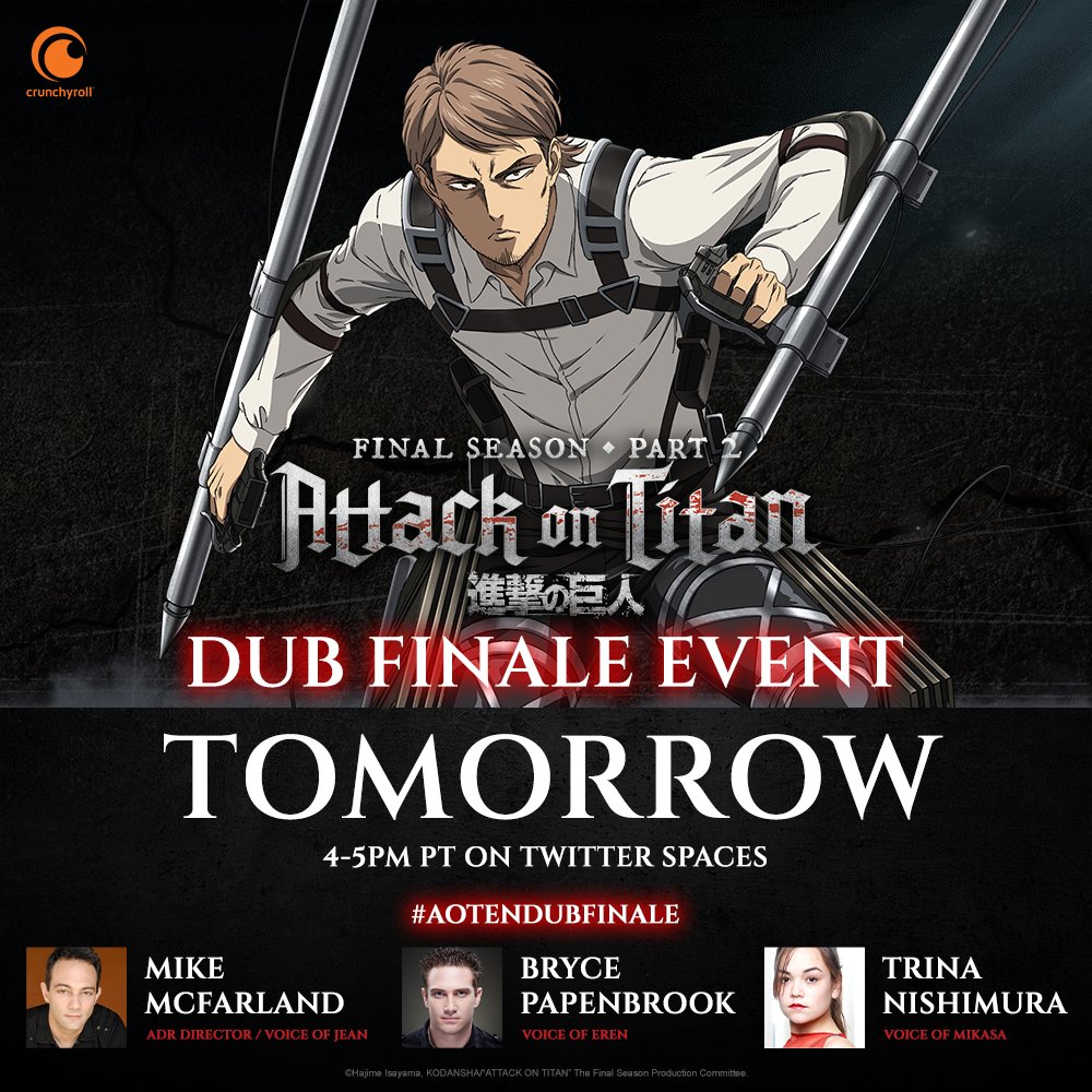 Attack on Titan on X: Get ready for the epic dub finale of Attack on Titan  Final Season Part 2 by joining our first-ever Twitter Spaces event! Tune in  for a Q&A