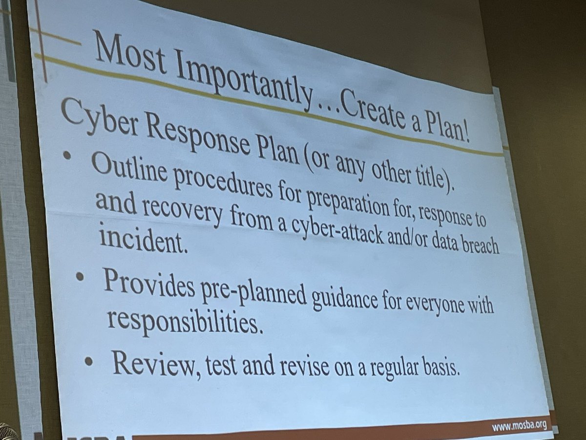 cmreilmann's tweet photo. Do you have a Cyber Response plan? Is it part of your Emergency Operations Plan? Is it reviewed and updated regularly?#MoASBO2022 https://t.co/HJiOMwajku