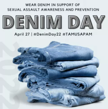 tspTAMU's tweet photo. Tomorrow is Denim Day!!
Wear denim on April 27 to show your support for sexual violence awareness and prevention.
#TAMU #DenimDay22 #TAMUSAPAM @tamuhealthpromotion https://t.co/MvpmE1uN0L