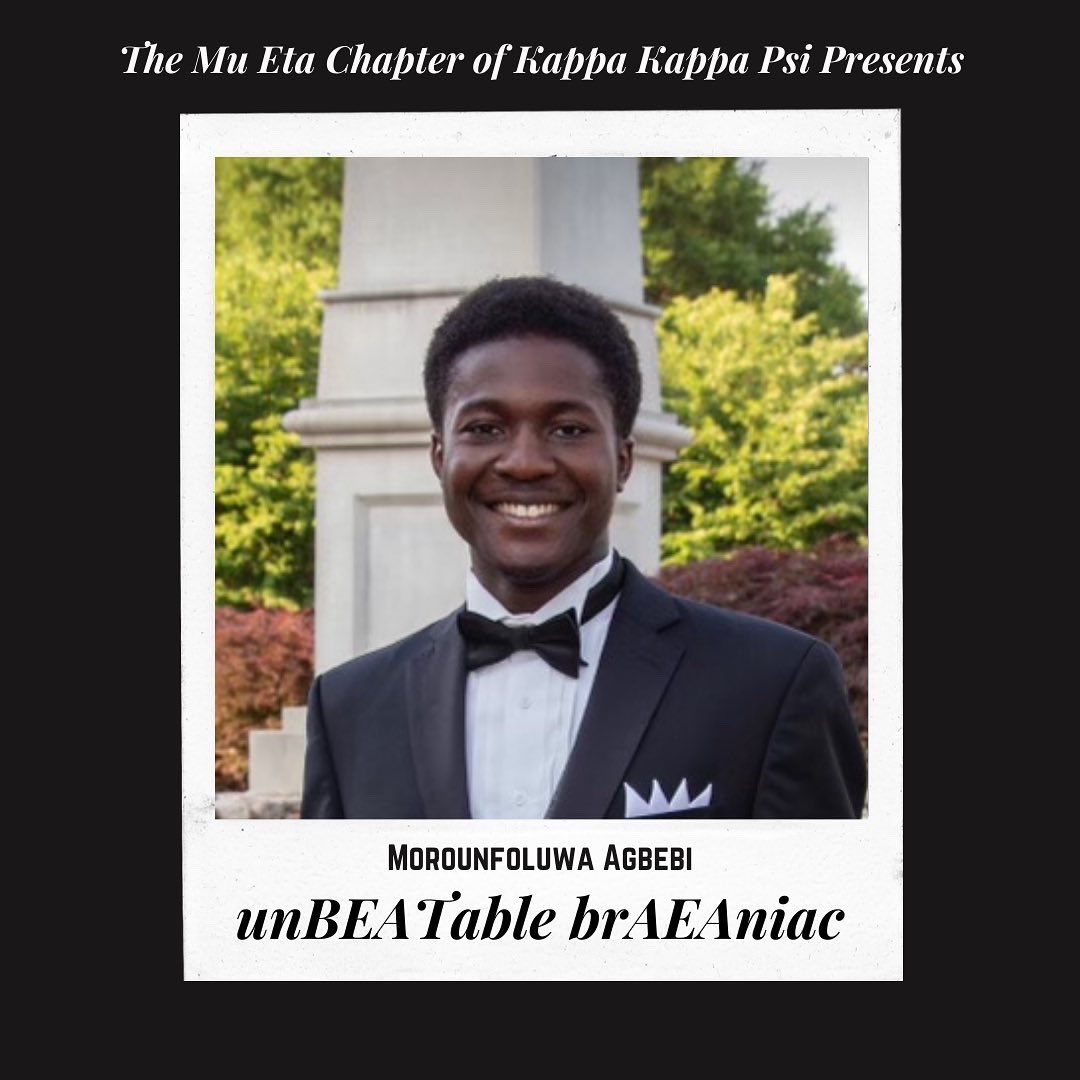 MuEtaKKPsi's tweet photo. ⭐️⭐️⭐️⭐️⭐️

Help us welcome our nine and ten!

First our nine, Foluwa Agbebi a.k.a. unBEATable brAEAniac. Foluwa is a tenor saxophone player from the class of 2025 majoring in neuroscience! https://t.co/hbBLDKgd0l