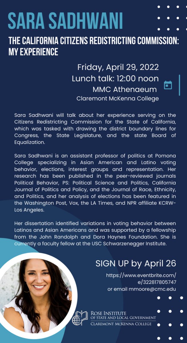 Rose Institute of State and Local Government (@roseinstitute) on Twitter photo This Friday, the Rose will host a lunch talk with <a href="/sarasadhwani/">sara sadhwani</a>, a politics professor at Pomona College, about her unique experiences on California's redistricting commission. Please email mmoore@cmc.edu if you are interested in attending! This Friday, the Rose will host a lunch talk with <a href="/sarasadhwani/">sara sadhwani</a>, a politics professor at Pomona College, about her unique experiences on California's redistricting commission. Please email mmoore@cmc.edu if you are interested in attending!