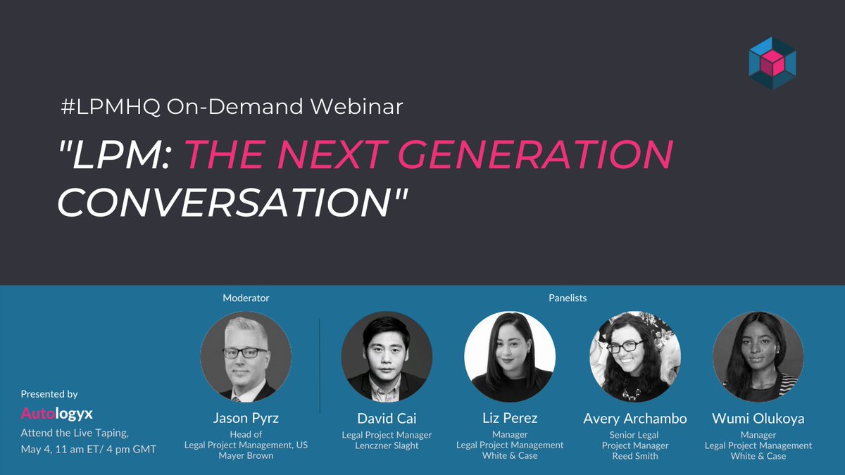thisisakiliao's tweet image. #LPMHQ Webinar (new format) "LPM: The Next Generation" with moderator Jason Pyrz @JasonPyrz and panelists David Cai @todavidcai, Liz Perez @LPMLiz1, Avery Archambo @avery_archambo and Wumi Olukoya @WumiOlukoya #LPIHQ #LPI #LPM #LegalOps 

DM one of us for info on the live taping.