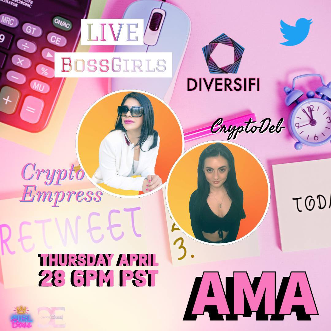 CryptoEmpressX's tweet photo. Join @crypto_deb and I💗This Thursday at 6:00PM (PST)

Set those reminders ⏰
https://t.co/84pvnElaOm

We will be doing a follow up with @DiversiFibsc and see how the project is doing‼️🙌🏽 

#Diversifi #BossGirls @_BossGirls #cryptocurrency 
#Crypto #NFTs #Diversified #Giveaway https://t.co/4QtoOu6g6x