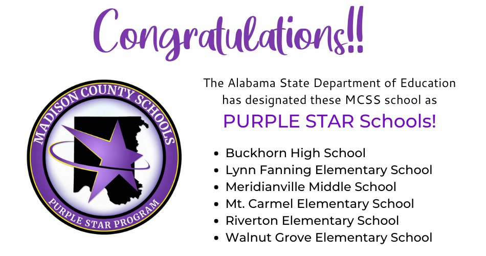 MadCoSchools's tweet image. Congratulations to these MCSS schools recently designated by the ALSDE as PURPLE STAR SCHOOLS!  The Purple Star Award recognizes schools that show a major commitment to students and families connected to our nation’s military. #ReadySetForwardMCSS #PurpleStarSchool2022