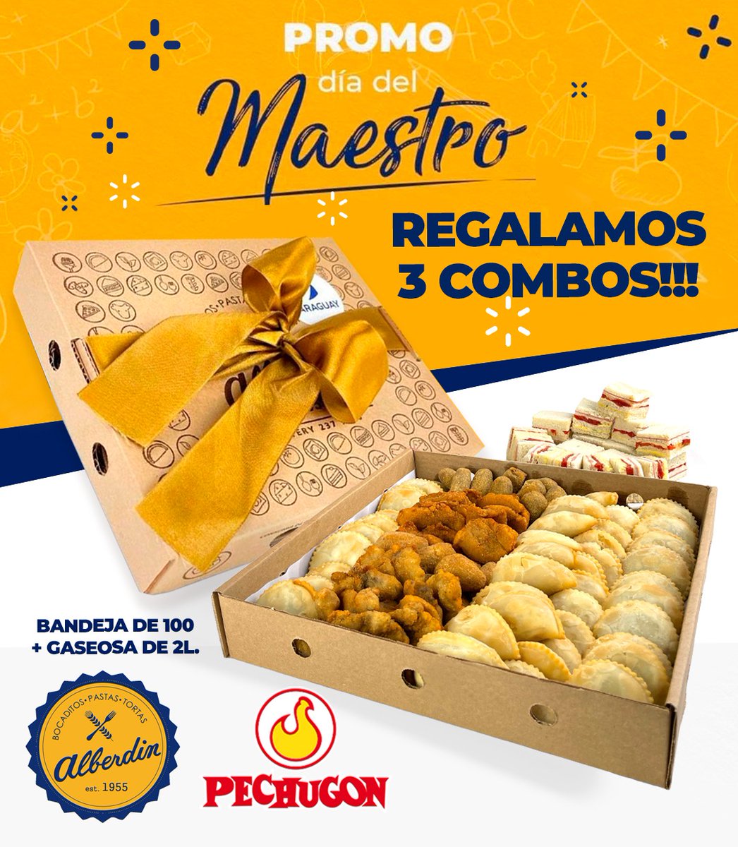 ¡REGALAMOS 3 COMBOS! (1 en cada red social: FB, IG, TW) para festejar el día del maestro. 🥳🍗
.
1️⃣ Seguí a <a href="/alberdin_py/">Alberdin</a> y a <a href="/PechugonPy/">Pechugon</a>
2️⃣ Dale MG
3️⃣ Hacé RT
.
#DíaDelMaestro #Paraguay🇵🇾
#Pechugon #Pechugonpy
#DeliciosamenteNatural
#ATodosLesGusta