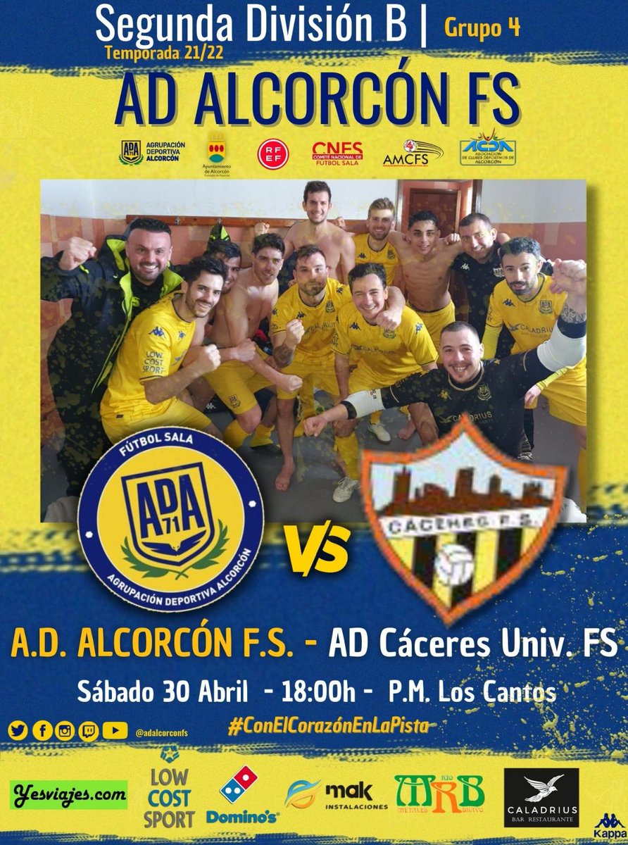ADAlcorconFS's tweet photo. HORARIO PRIMER EQUIPO 2aB|

✔Jornada 2️⃣9️⃣
🆚️ @CaceresUExFS
📅 Sabado 30 Abril
⏱ 18:00
📌 PM Los Cantos

A 1 punto de los puestos de Playoff ascenso 2 DIVISIÓN, 2 finales. 

 Necesitamos la magia de los cantos, os esperamos. 

ENTRADA GRATUITA

MÁXIMA DIFUSION

#123Alcorcón💛 https://t.co/Gg3yxkVmuu
