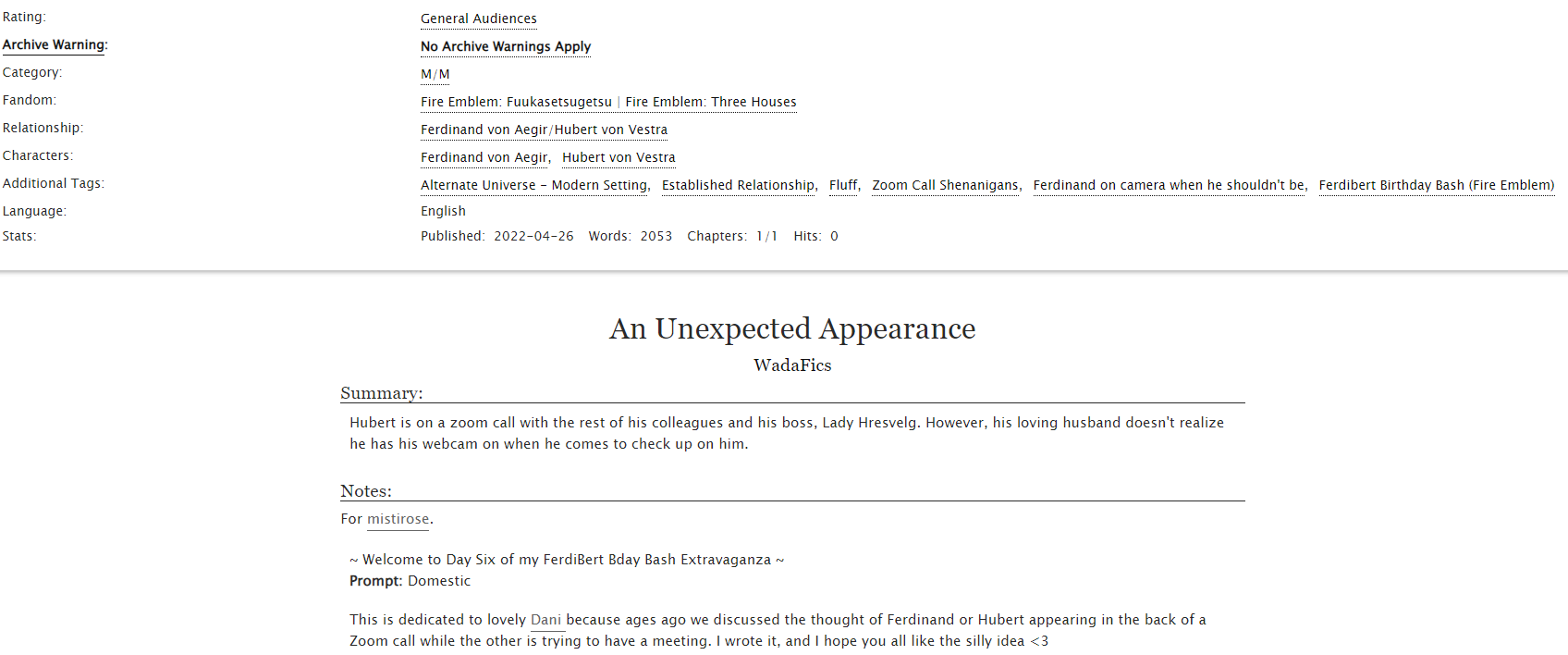 Wada Hubert S Hoe An Unexpected Appearance Ferdibert Fic For Ferdibertbirthday22 Day 6 Domestic Summary During Hubert S Early Morning Zo M Meeting Ferdinand Accidentally Pops In The Background At An