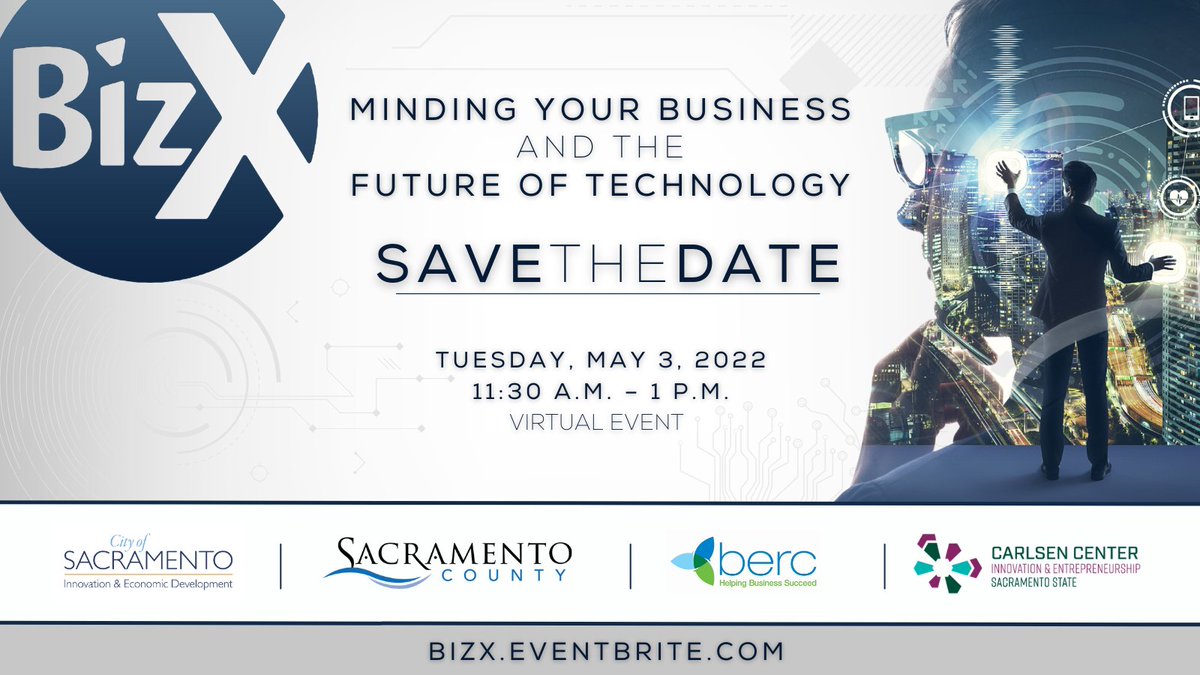 SacCoBiz's tweet photo. 📢Calling all entrepreneurs, small businesses, and industry professionals! Don’t forget to register for the “BizX: Minding Your Business and the Future of Technology” virtual event on Tuesday, May 3 from 11:30 a.m. to 1 p.m. Learn more and register now at https://t.co/kA0531hdhD. https://t.co/R3NqxlBom3