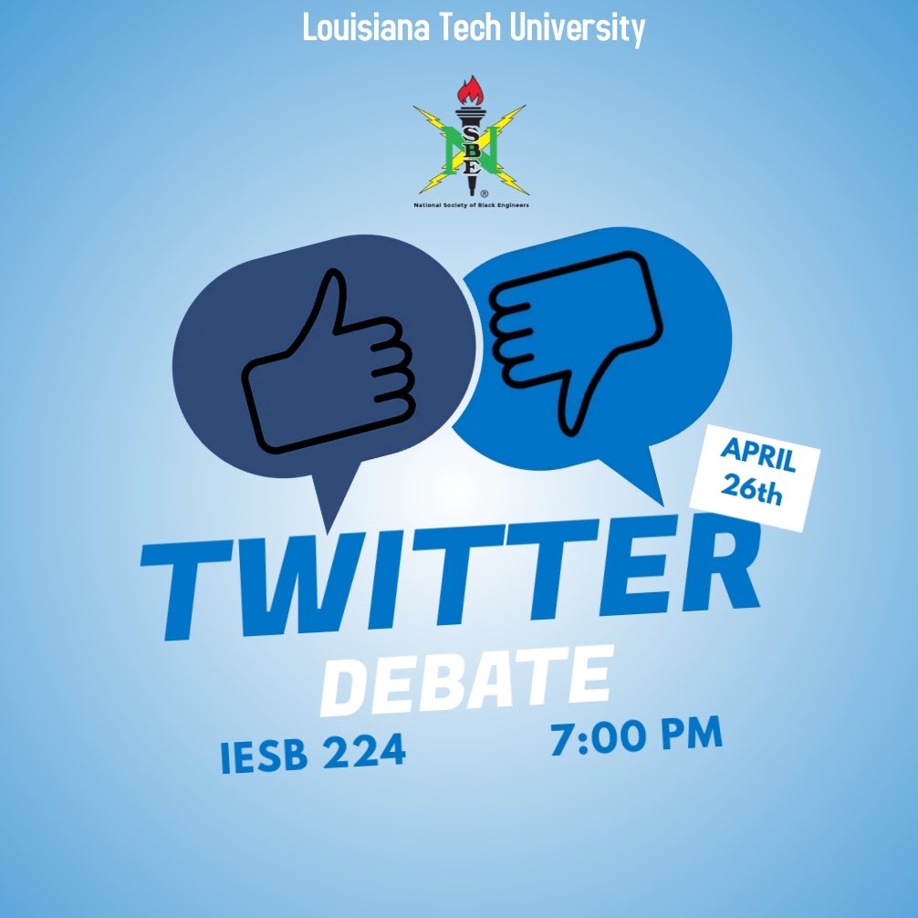 Join us in IESB 224 at 7 pm TODAY for Twitter Debate! Come out and speak your mind 🗣 Hope to see you all there! 

Make sure to bring your books because Study Jams will be happening in IESB 224, as well!