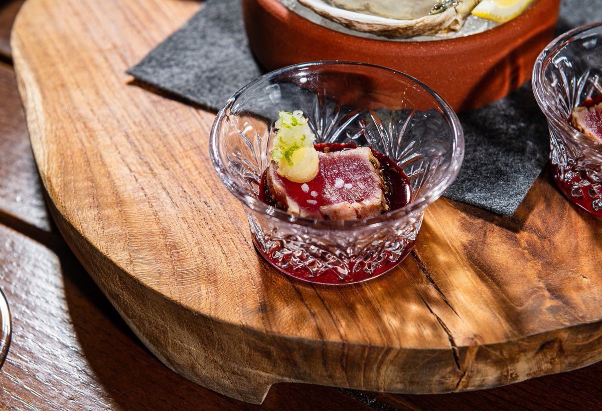 Lightly grilled tuna with sweet apple, earthy beets, and spicy ginger.