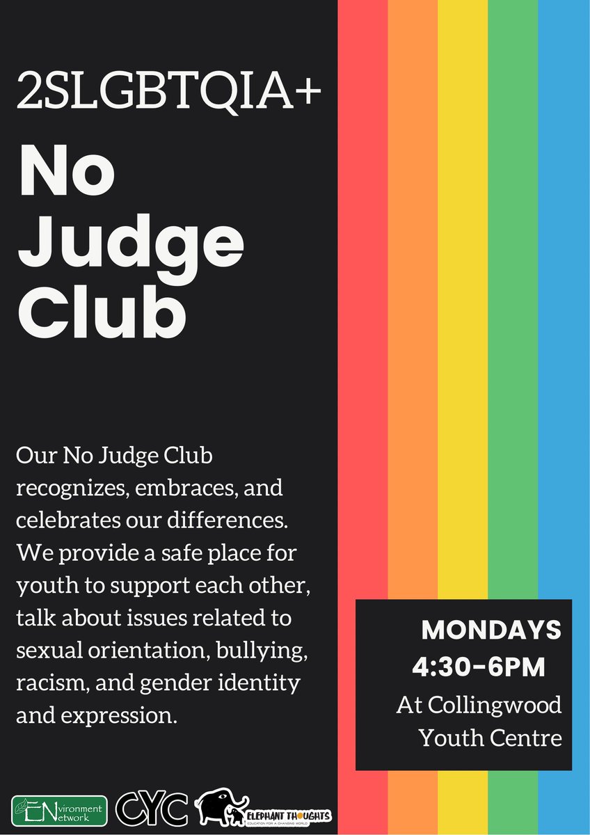 Know any youth that might benefit from attending a club that 'recognizes, embraces & celebrates our differences'? If so, invite them to check out the 'No Judge Club' @ the Collingwood Youth Centre on Mondays from 4:30 - 6:00 @CCI_SCDSB