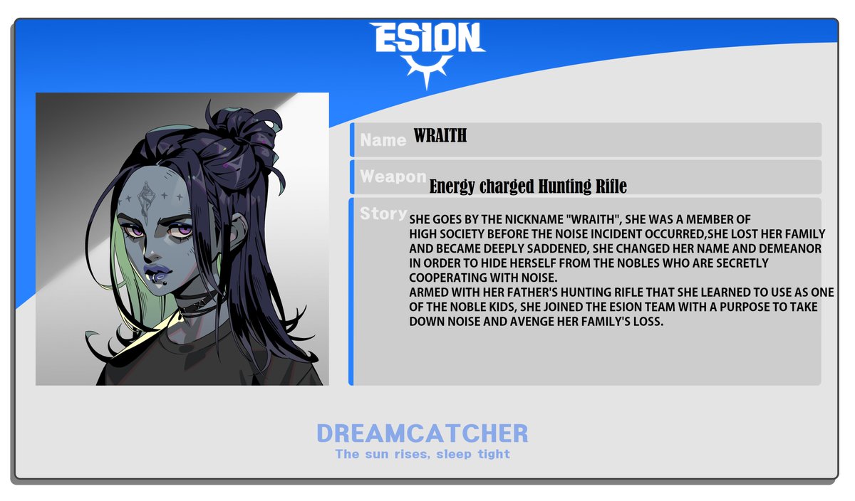 Mid_man_'s tweet photo. @ESION_Club 
Name : Wraith
Weapon : Energy-Charged Hunting Rifle
Story : *in the attached image*
#ESION 
Midfield#8110 https://t.co/KJz3JUt4QH
